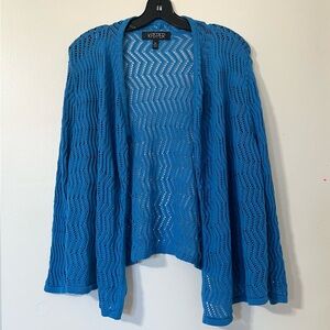 Kasper Coastal Blue Open Knit Drape Cardigan Sheer Y2K Boho Layering Sweater XL